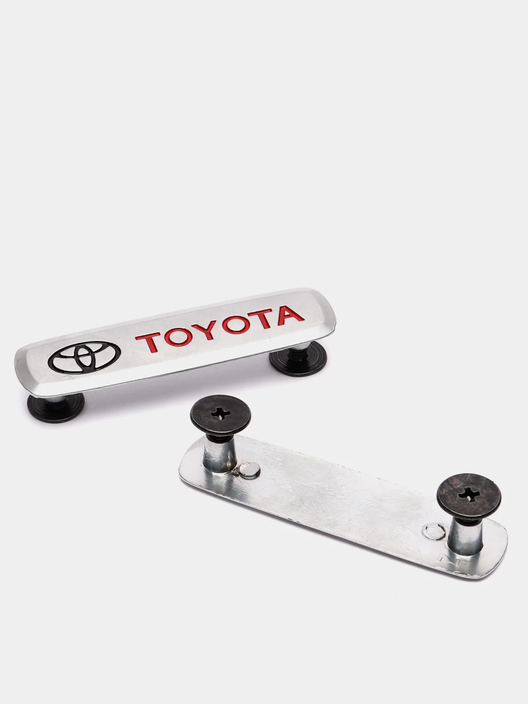 Комплект шильдиков металлических с эмблемой авто "TOYOTA" и 4 винтовыми креплениями (Пара)