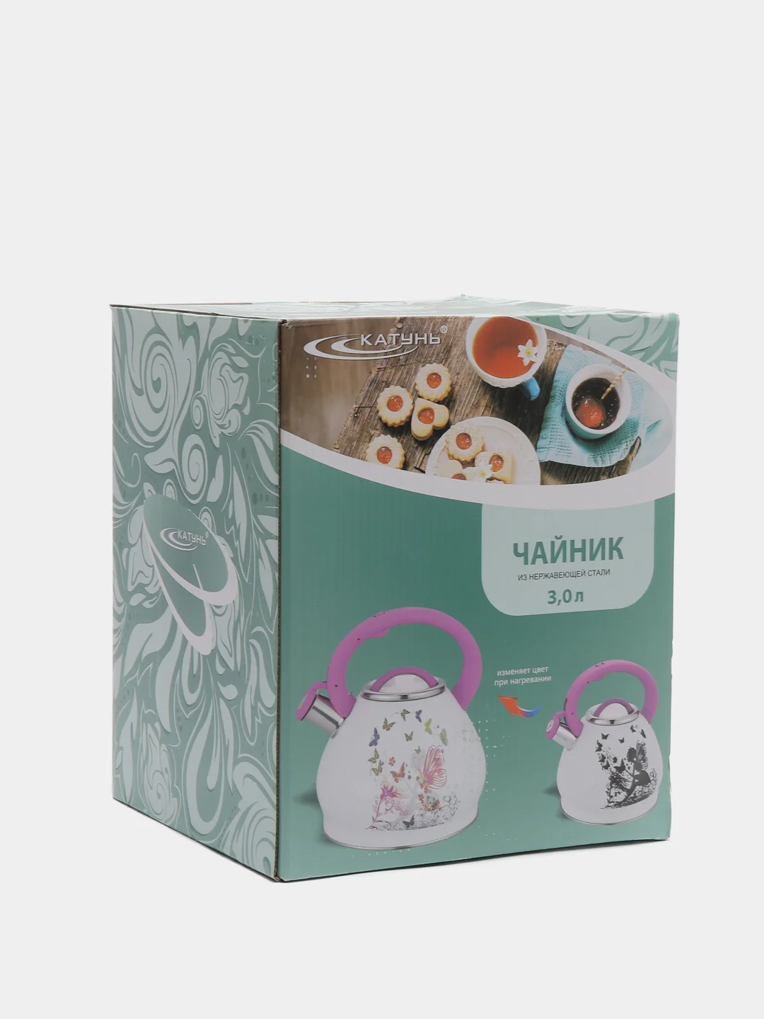 Чайник для плиты Катунь КТ-126, 3,0л со свистком, с декором/меняет цвет