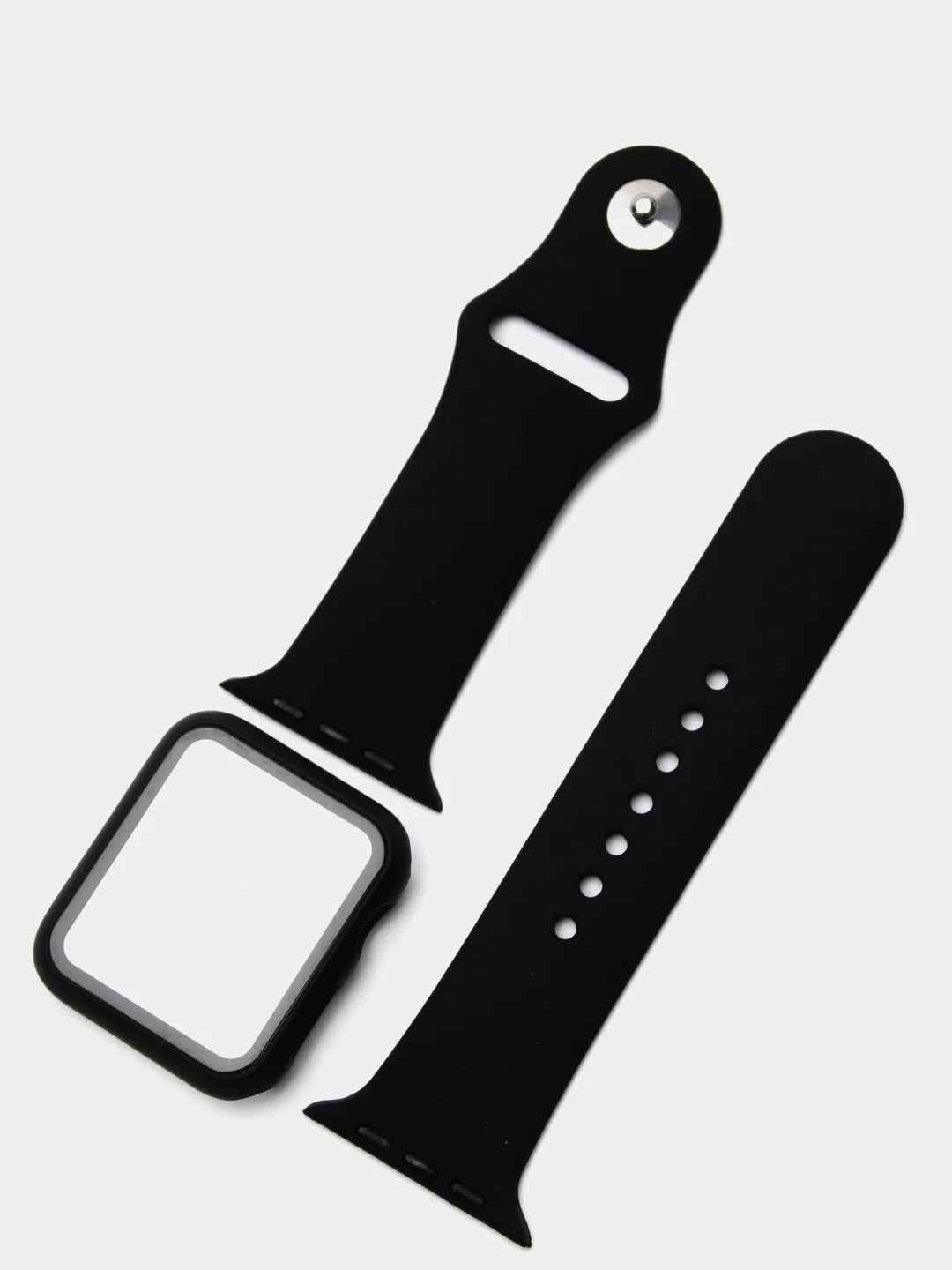 Черный силиконовый ремешок для Apple Watch с защитным стеклом 2 в 1