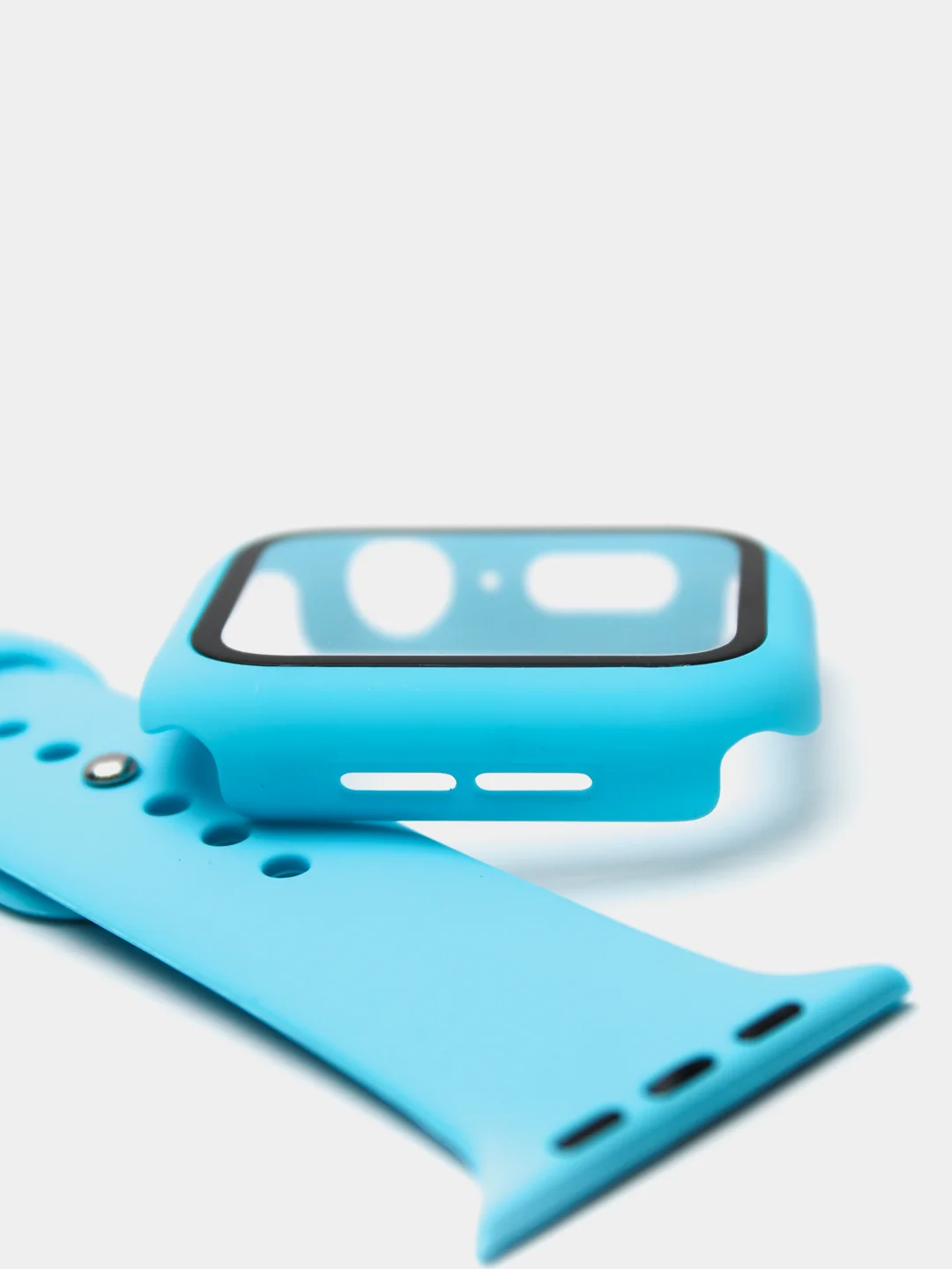 Голубой силиконовый ремешок для Apple Watch с защитным стеклом 2 в 1