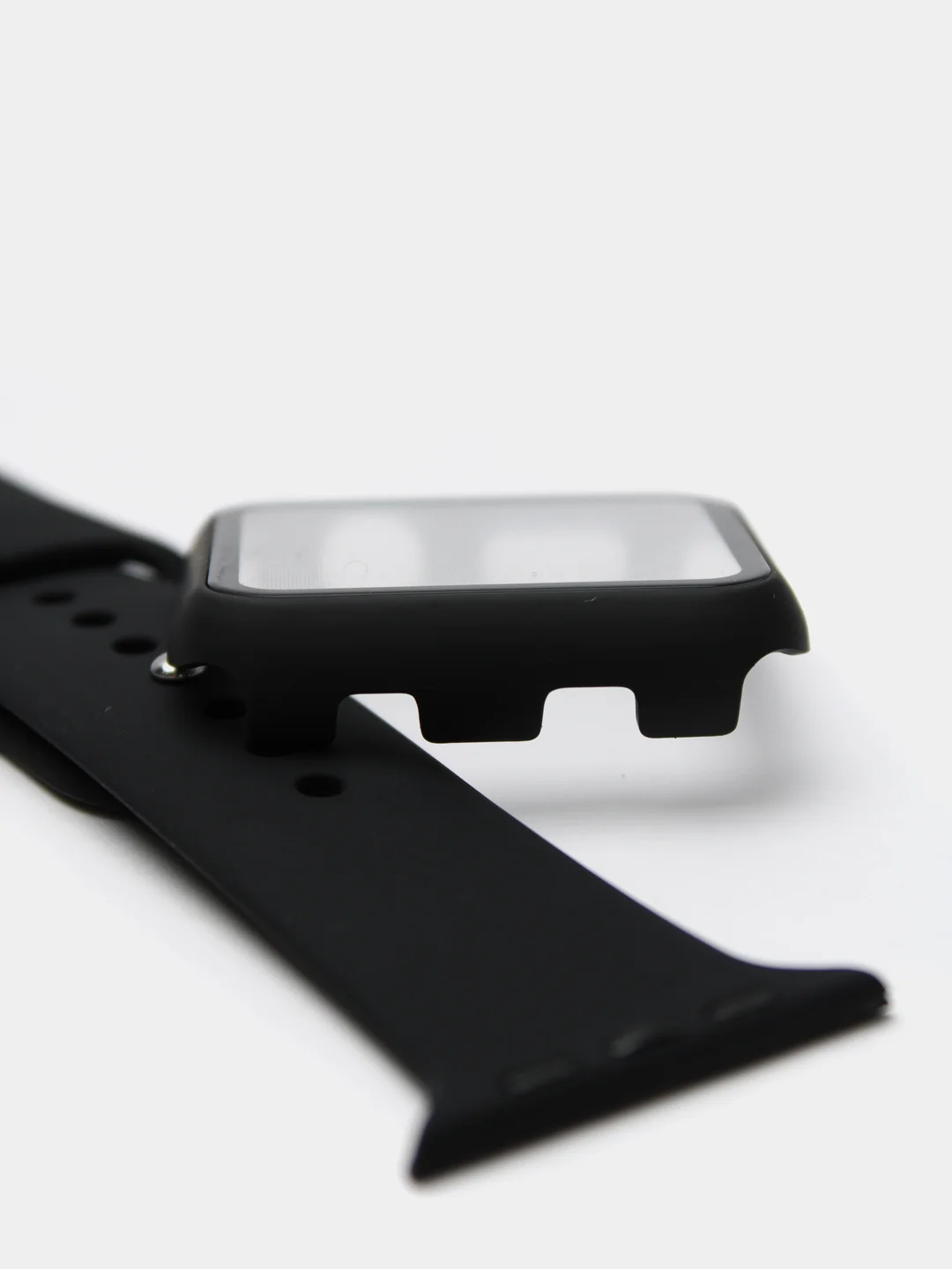 Черный силиконовый ремешок для Apple Watch с защитным стеклом 2 в 1
