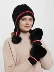 Черный шапка тёплая с меховыми перчатками