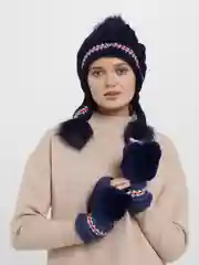 Темно-синий шапка тёплая с меховыми перчатками