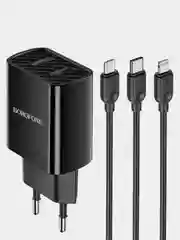 Черный зарядное устройство Borofone BA53A, 2USB, Micro-USB, Type-C, iPhone