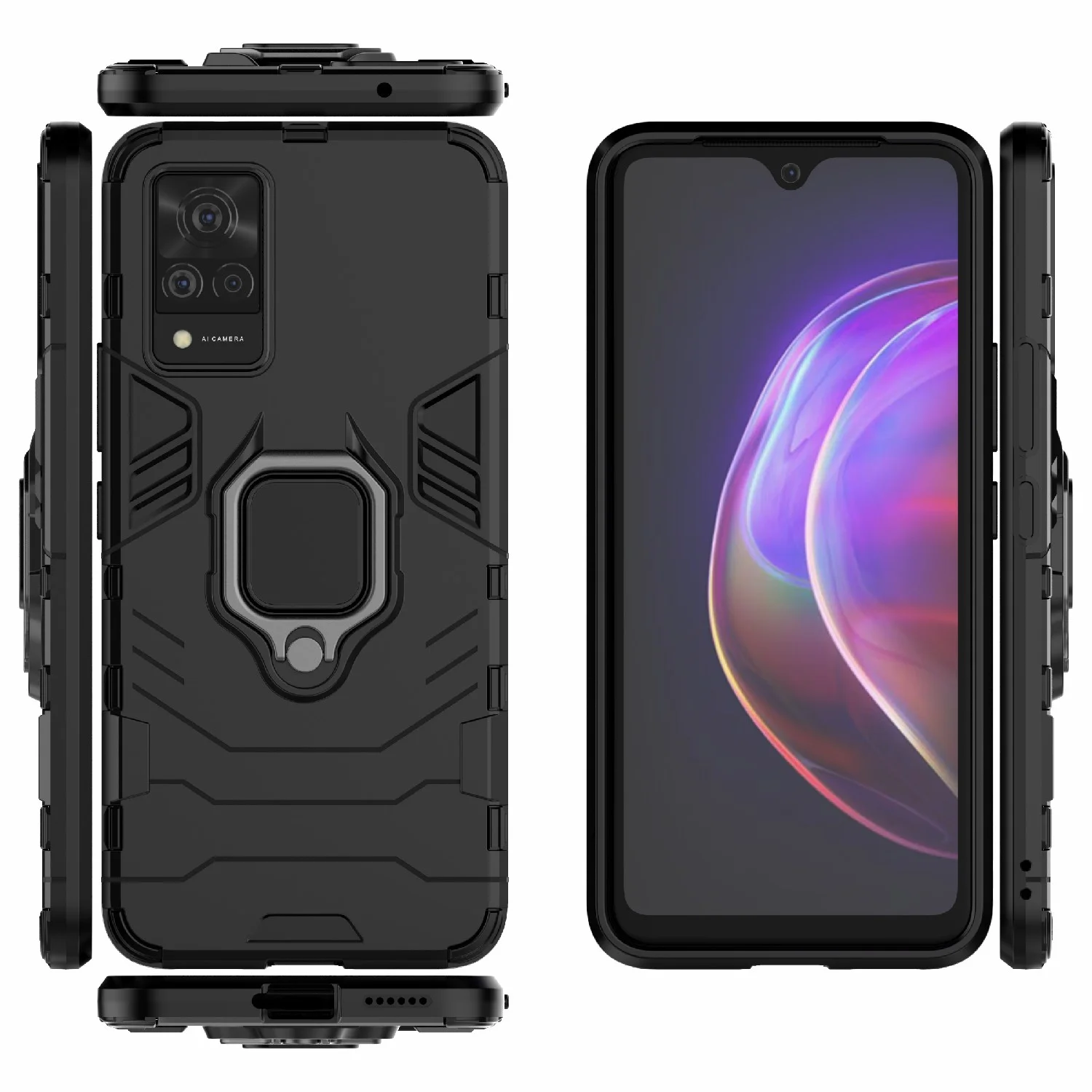 Черный чехол противоударный с кольцом-держателем на Vivo V21 (Виво В21)