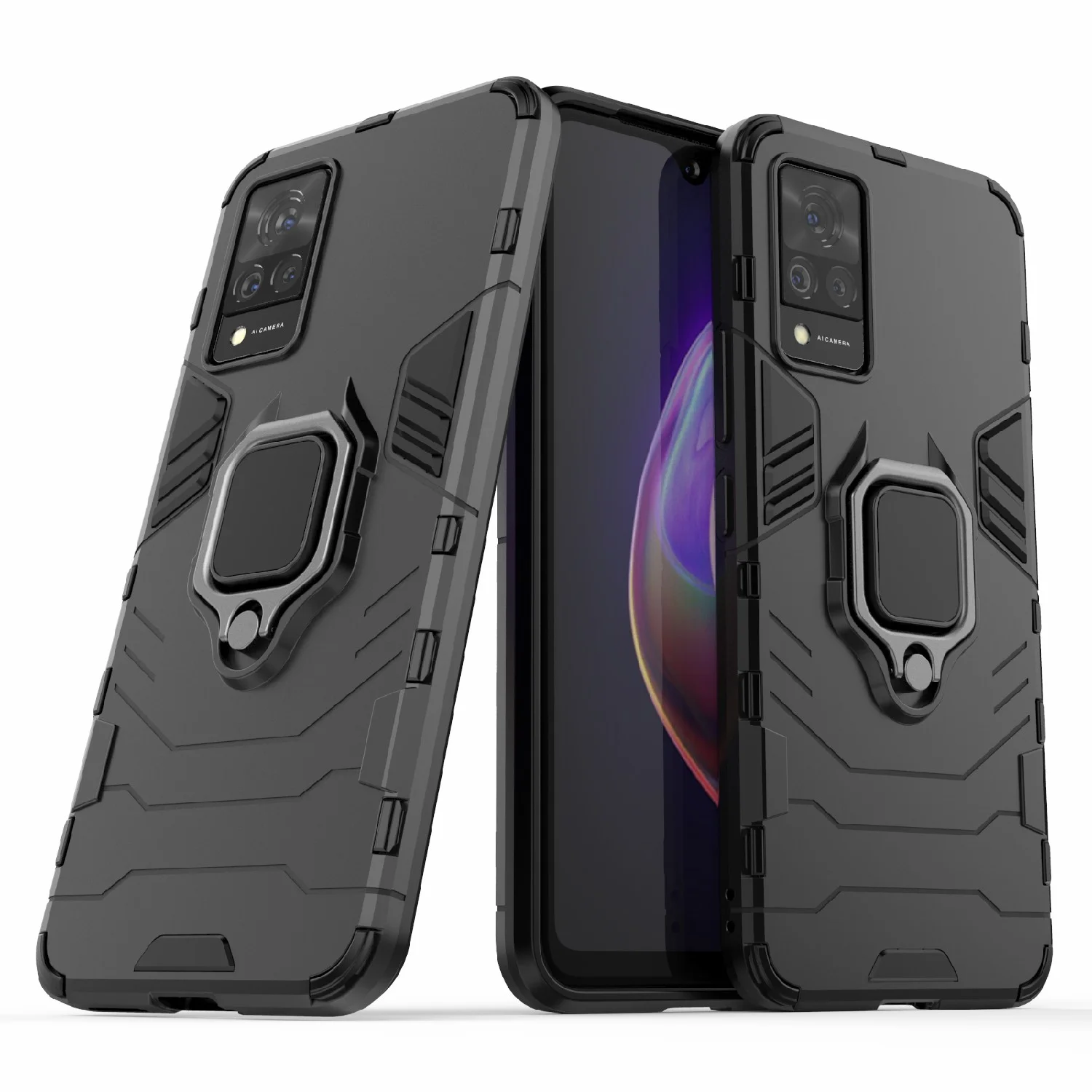 Черный чехол противоударный с кольцом-держателем на Vivo V21 (Виво В21)