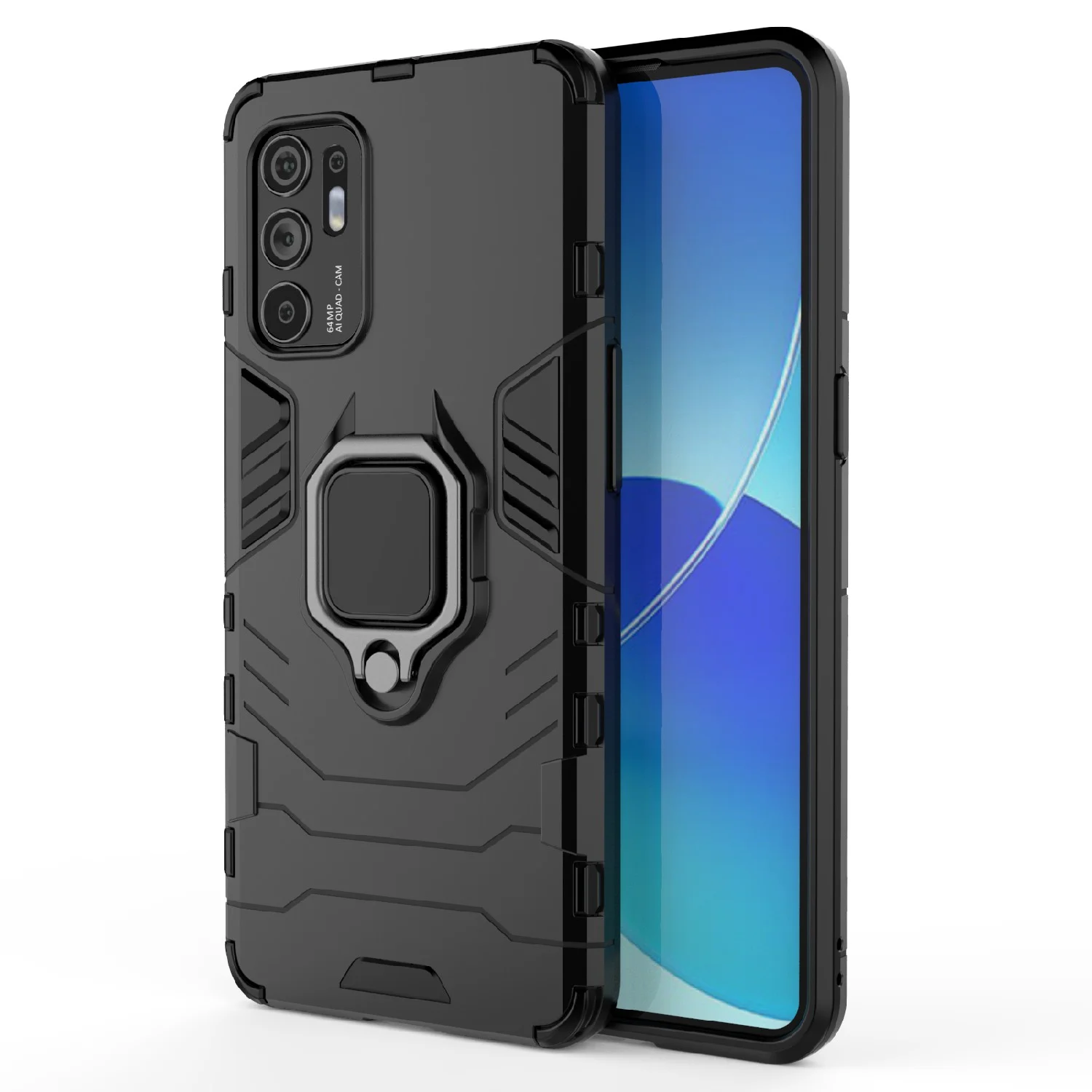 Черный чехол противоударный с кольцом-держателем на Oppo Reno 6 Reno6 (Оппо Рено 6)