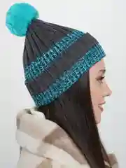 Бирюзовый шапка женская зимняя на флисе с помпоном