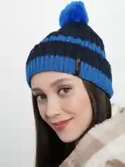 Синий шапка женская зимняя на флисе с помпоном