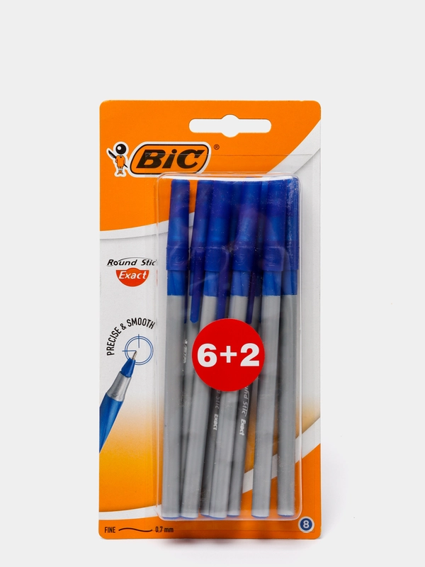 Ручка шариковая, синяя, тонкое письмо, грип, BIC Round Stic Exact, уп. 6+2 шт