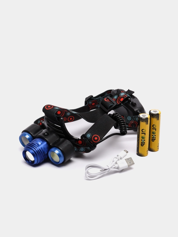 Фонарь налобный аккумуляторный, 3 диода, USB, zoom