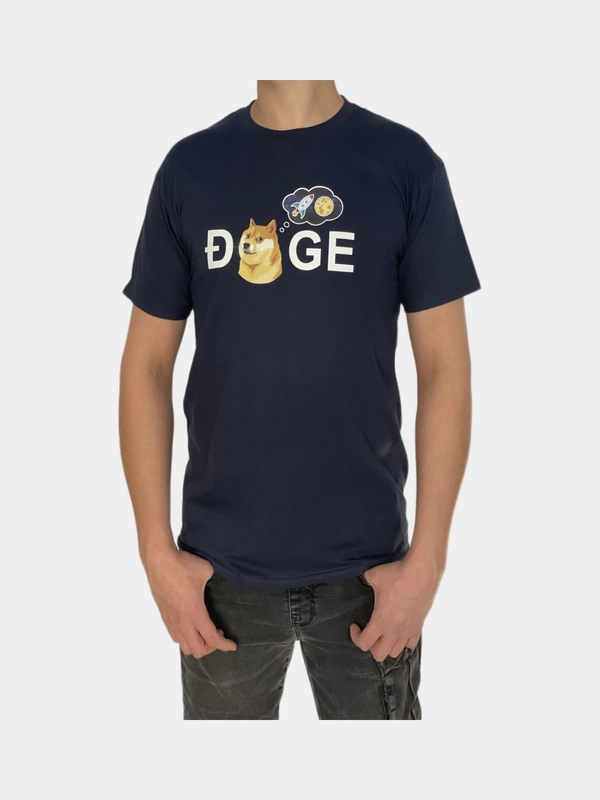 Футболка синяя, с изображением криптовалюты Dogecoin