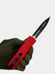 Нож кнопочный фронтальный автоматический, сталь 420, рукоять Soft Touch, цвет красный