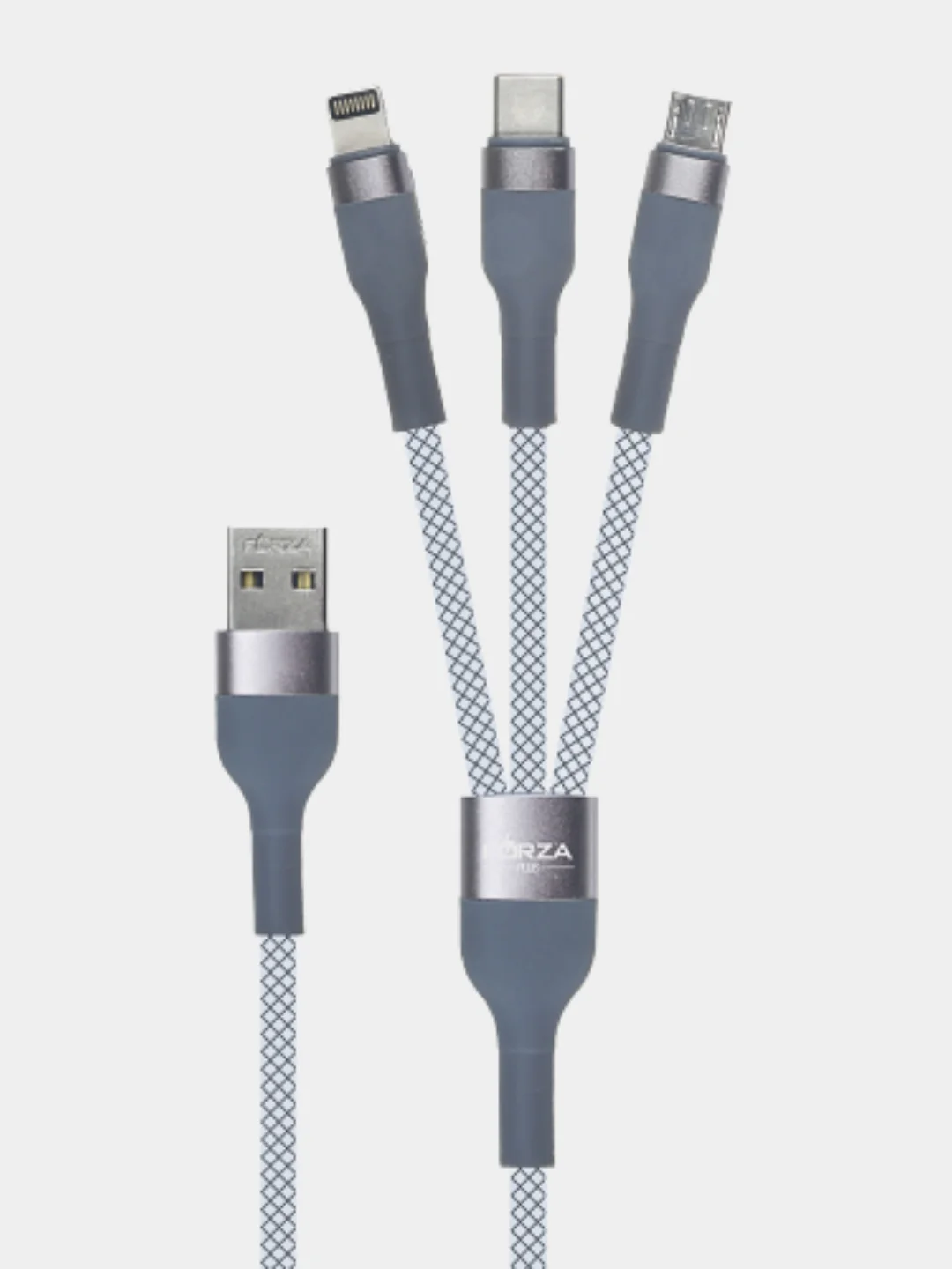 Кабель для зарядки 3 в 1 FORZA, iP/Micro USB/Type-C, 1.5м, 2.1А, тканева оплётка, металлик