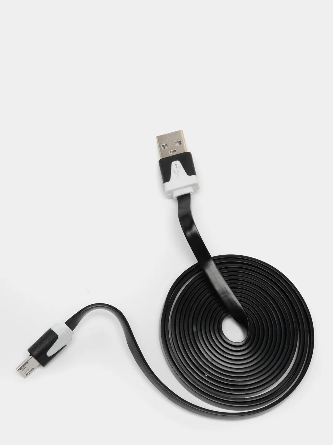 Черный кабель  плоский USB A - micro USB B длина 1,95 метра