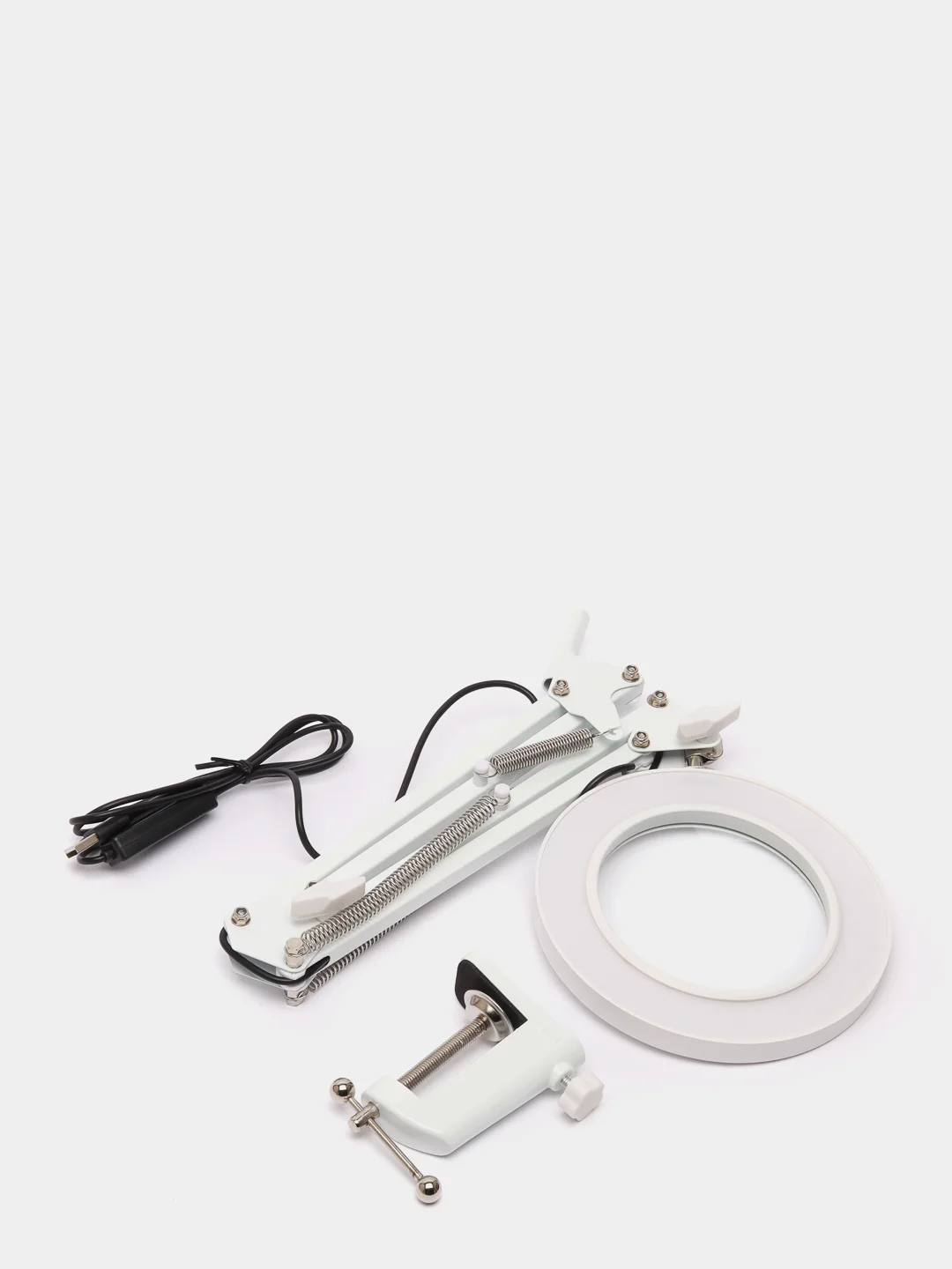Белый лампа лупа настольная кольцевая круглая с подсветкой LED, USB на струбцине