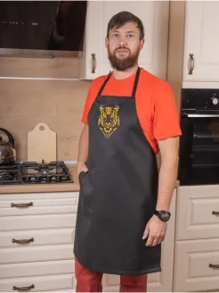Желтый фартук мужской, кухонный, с вышивкой