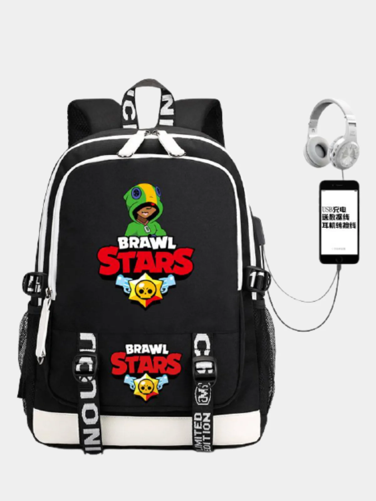 Угольный рюкзак школьный Brawl Stars с USB, для мальчиков