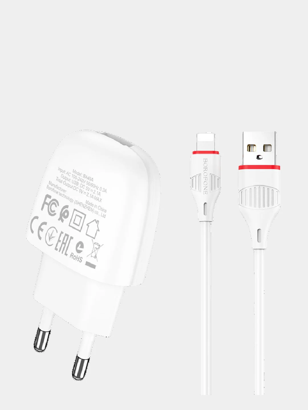 Белый блок питания для Micro-USB / Type-C / iPhone, СЗУ, Borofone BA49A, 2.1A