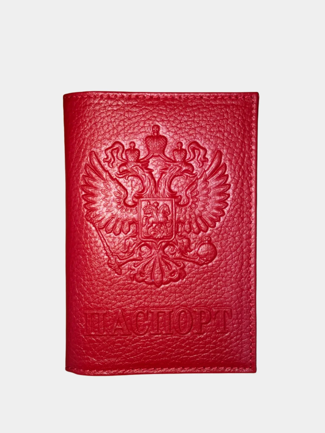 Красный обложка на паспорт "Герб России", натуральная кожа