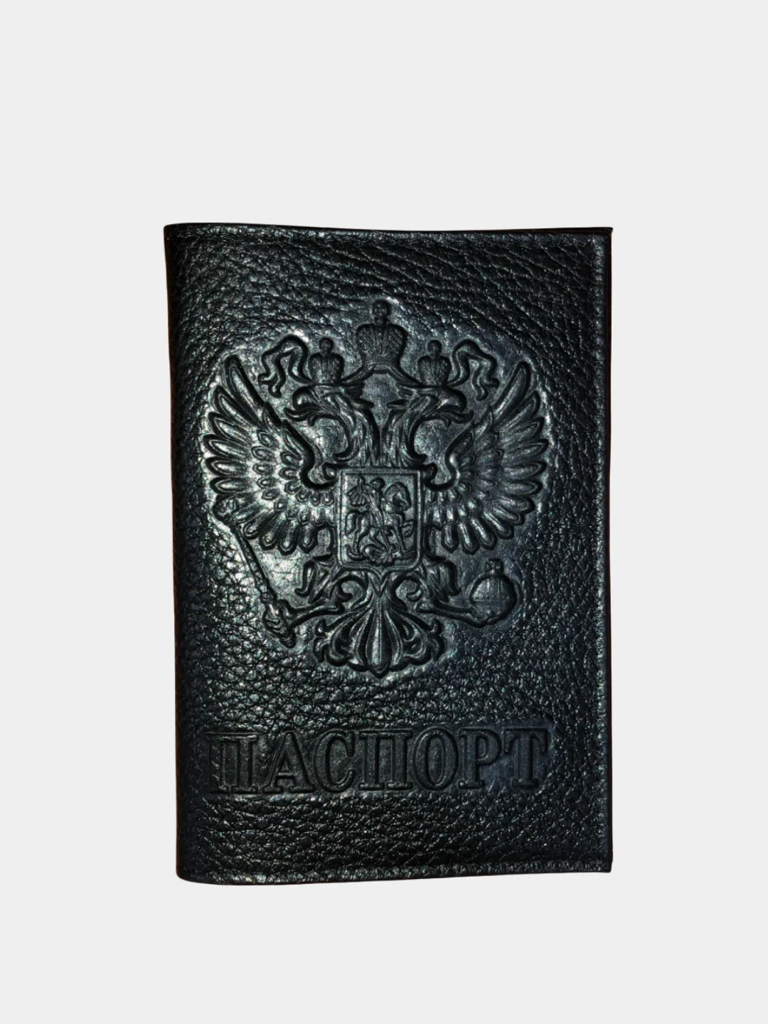 Черный обложка на паспорт "Герб России", натуральная кожа