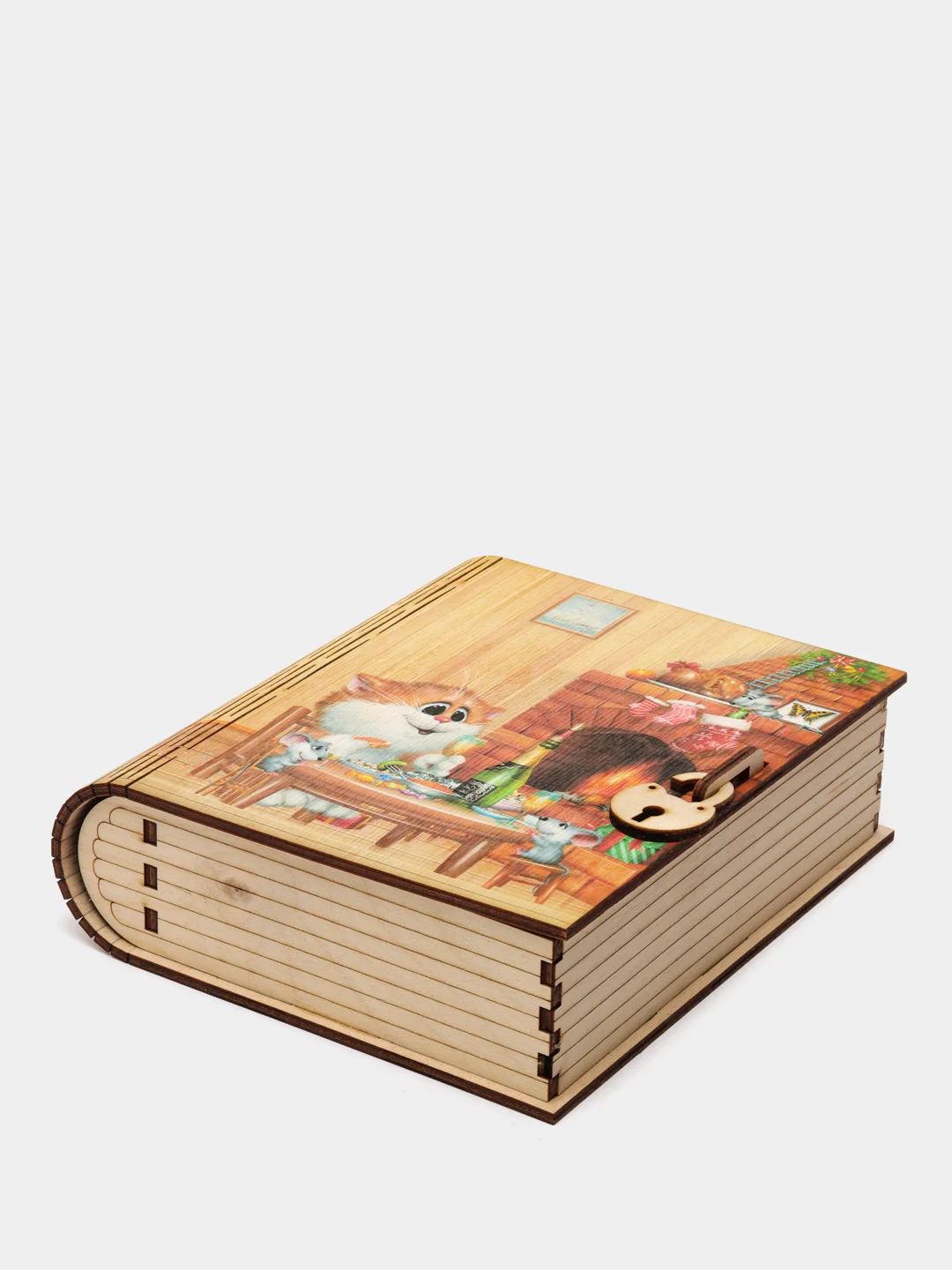 Копилка-книжка из дерева "Камин", с деревянным замком