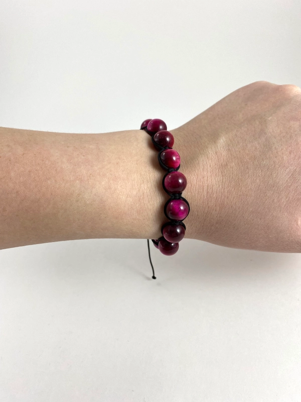 Браслет из натуральных камней: Кошачий глаз вишневый Handmade, плетенный, 10 мм