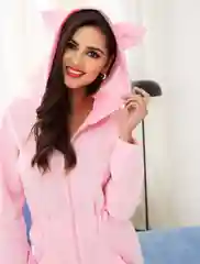 Розовый тёплый комбинезон женский, флисовый, с ушками
