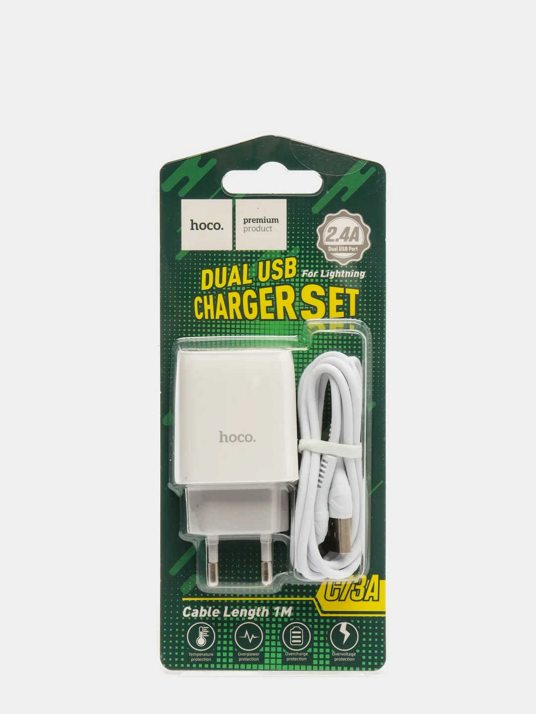 Белый сетевое зарядное устройство Hoco C73A, 2 x USB, кабель Lightning, до 2.4A