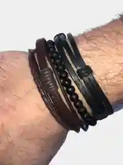 Серый меланж набор браслетов мужской, кожаный