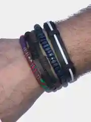 Серый металлик набор браслетов мужской, кожаный