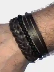 Серый набор браслетов мужской, кожаный
