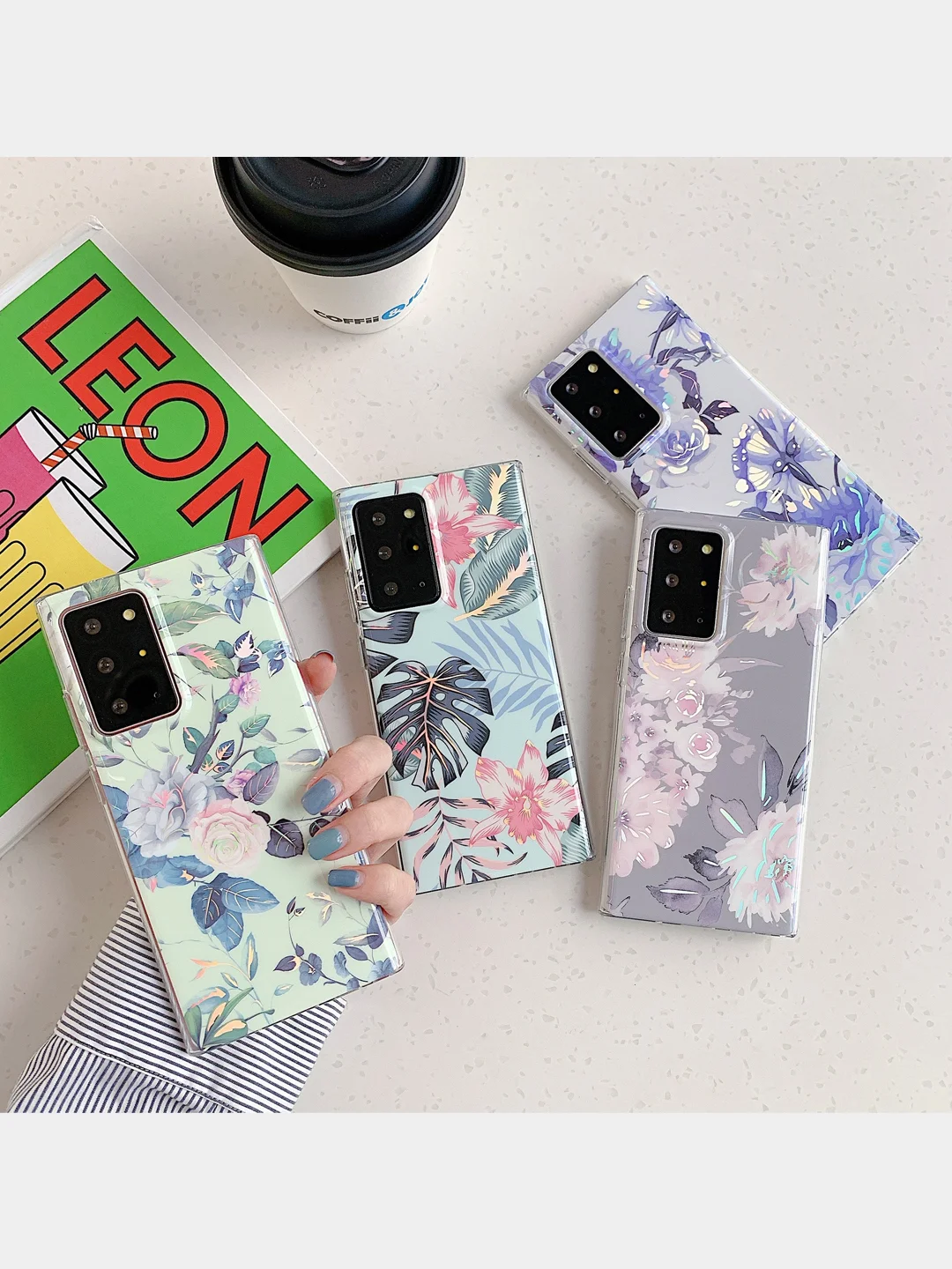Зеленый чехол для Samsung A12, A22, A51, A52, A72, S20FE, S21FE, S22 цветы, голограмма
