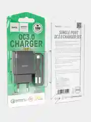 Черный сетевое зарядное устройство, HOCO micro-USB кабель, 3A, QC 3.0