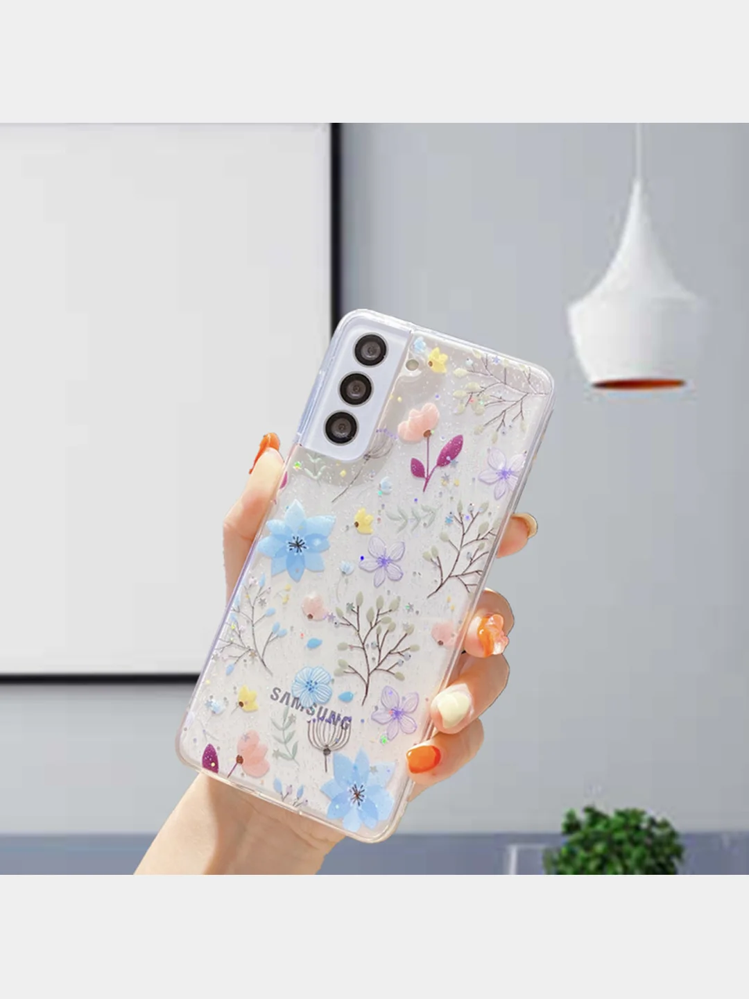 Голубой чехол "Цветочки" для Samsung A12, A22, A51, A52, A72, iPhone 11, iPhone 13