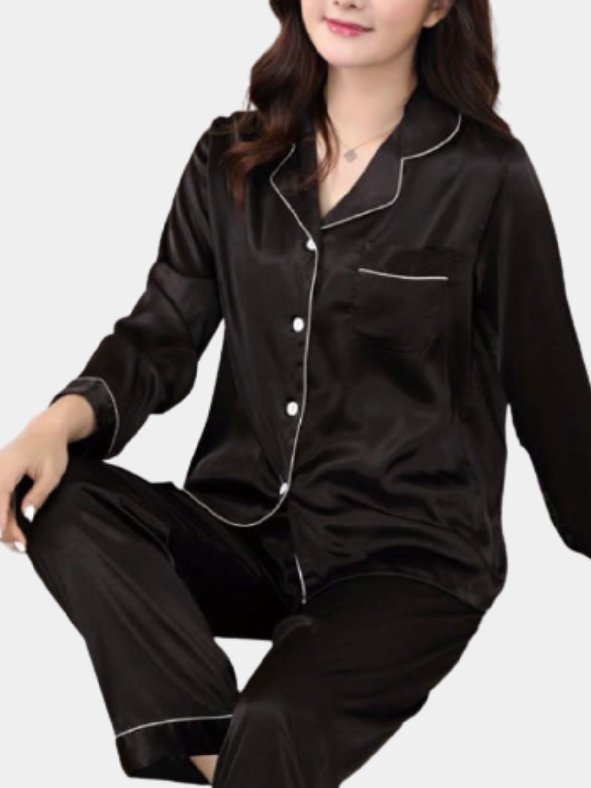 Пижама женская с длинными рукавами, шелковая, атласная, рубашка и брюки/Домашний комплект купить по цене 1399 ₽ в интернет-магазине KazanExpress