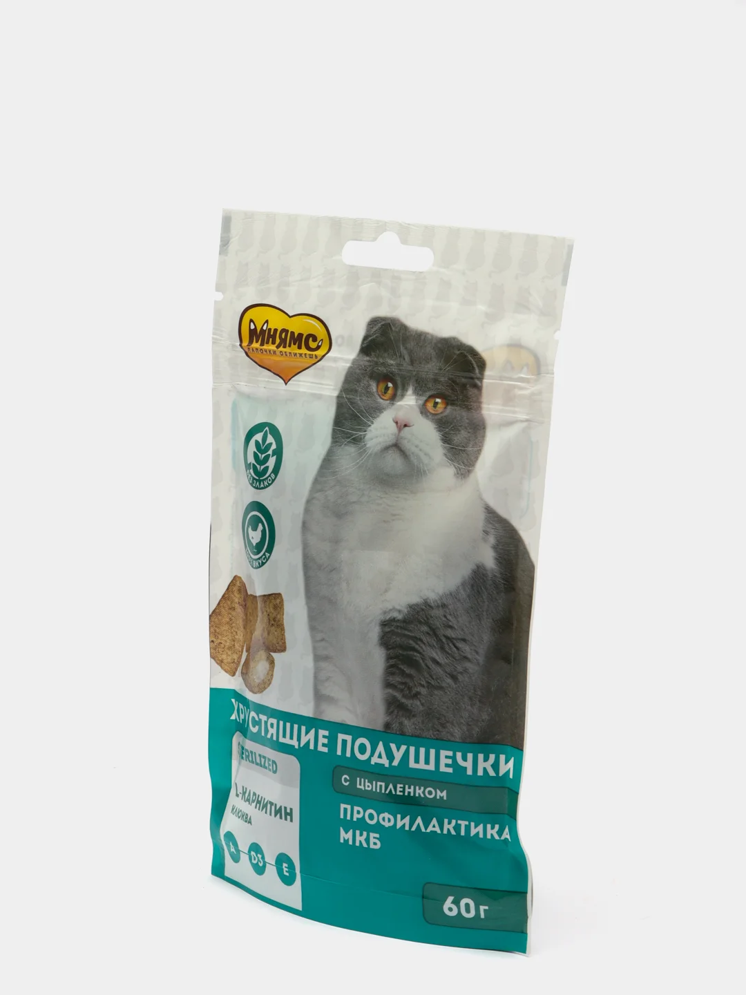 Мнямс хрустящие подушечки для стерилизованных кошек с цыпленком, Профилактика МКБ, 60 г