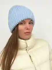 Голубой шапка женская вязаная зимняя с флисовым подкладом