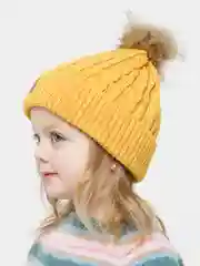 Желтый детская шапка со съемным помпоном из меха