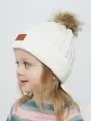 Белый детская шапка со съемным помпоном из меха
