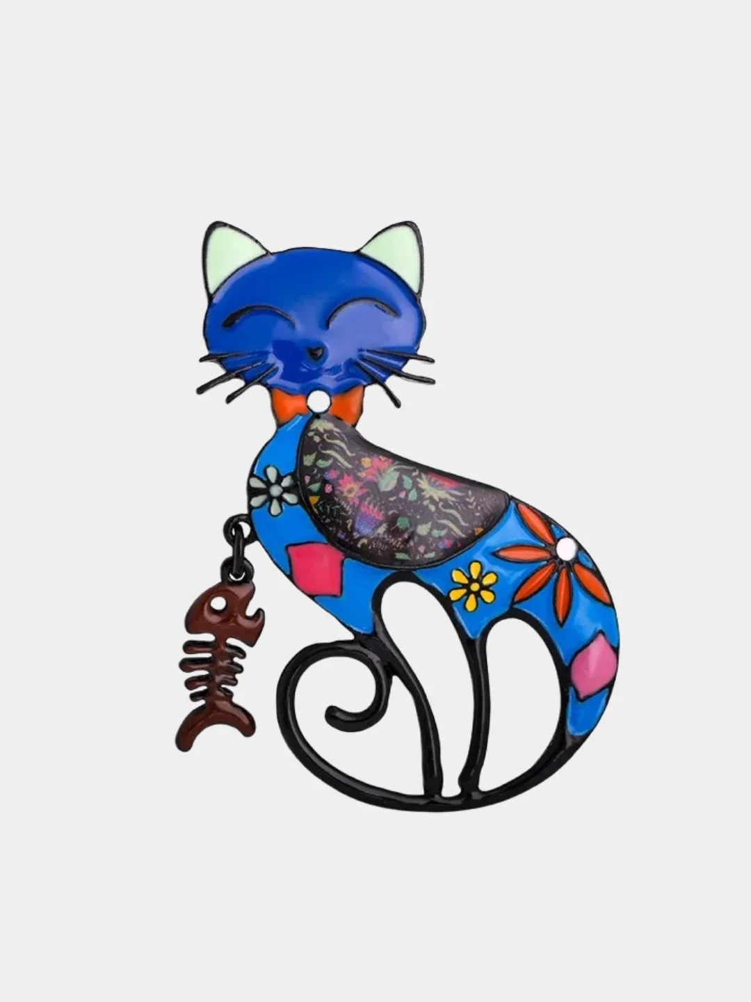 Синий брошь "Кошка с рыбкой"