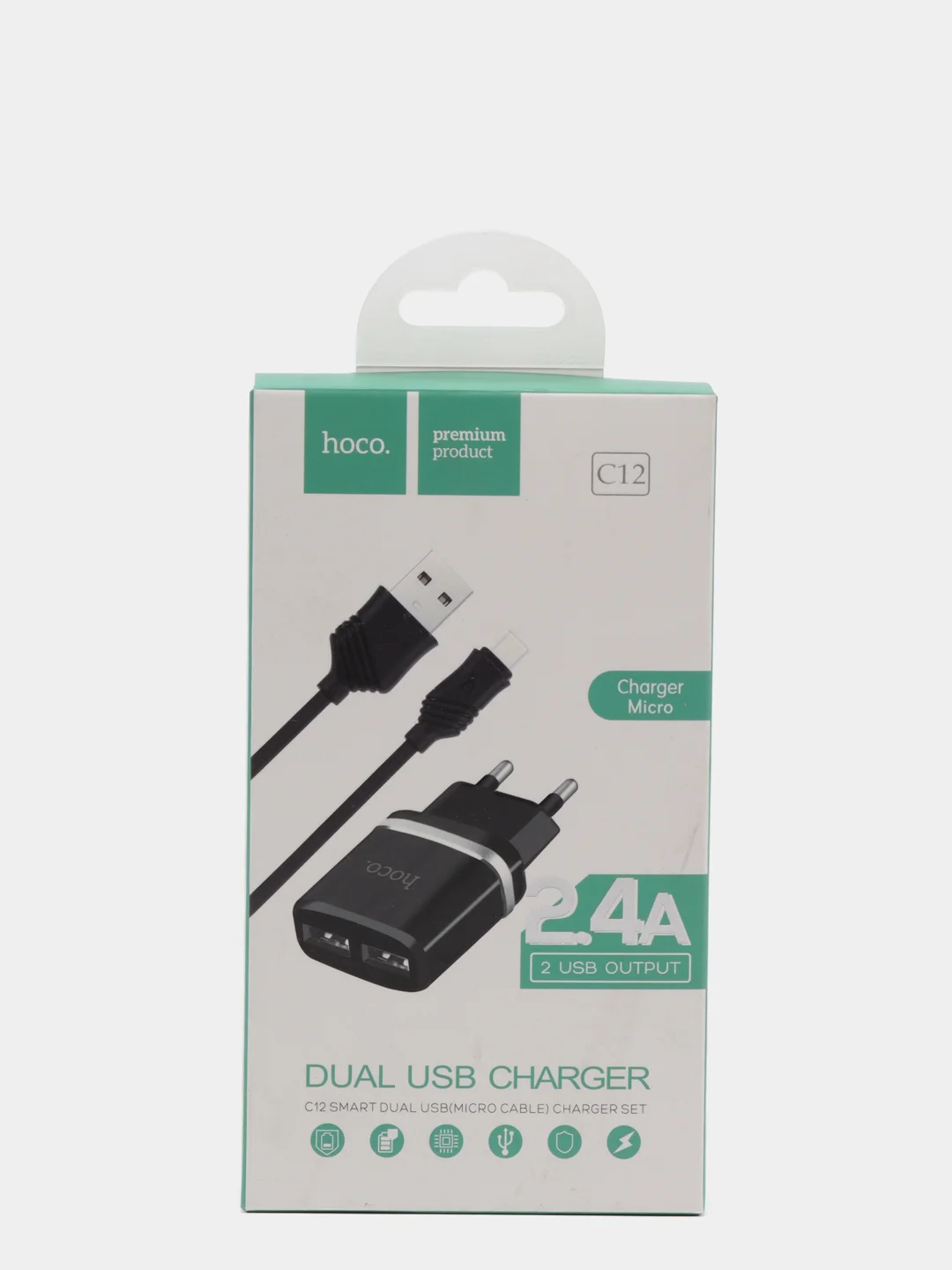 Белый сетевое зарядное устройство HOCO C12, с кабелем Micro USB для android, до 2.4A