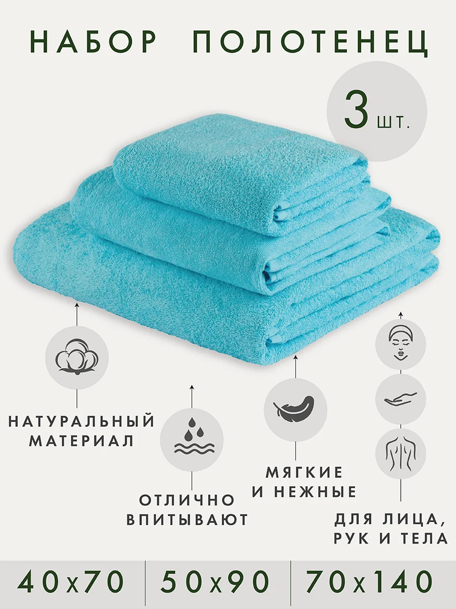 Набор махровых банных полотенец, 3 шт., хлопок, подарок мужчине/женщине/родителям, голубой
