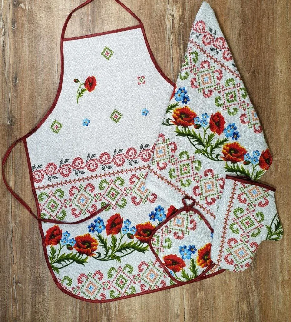 Красный подарочный набор из рогожки: полотенце и фартук для кухни, рукавица, прихватка