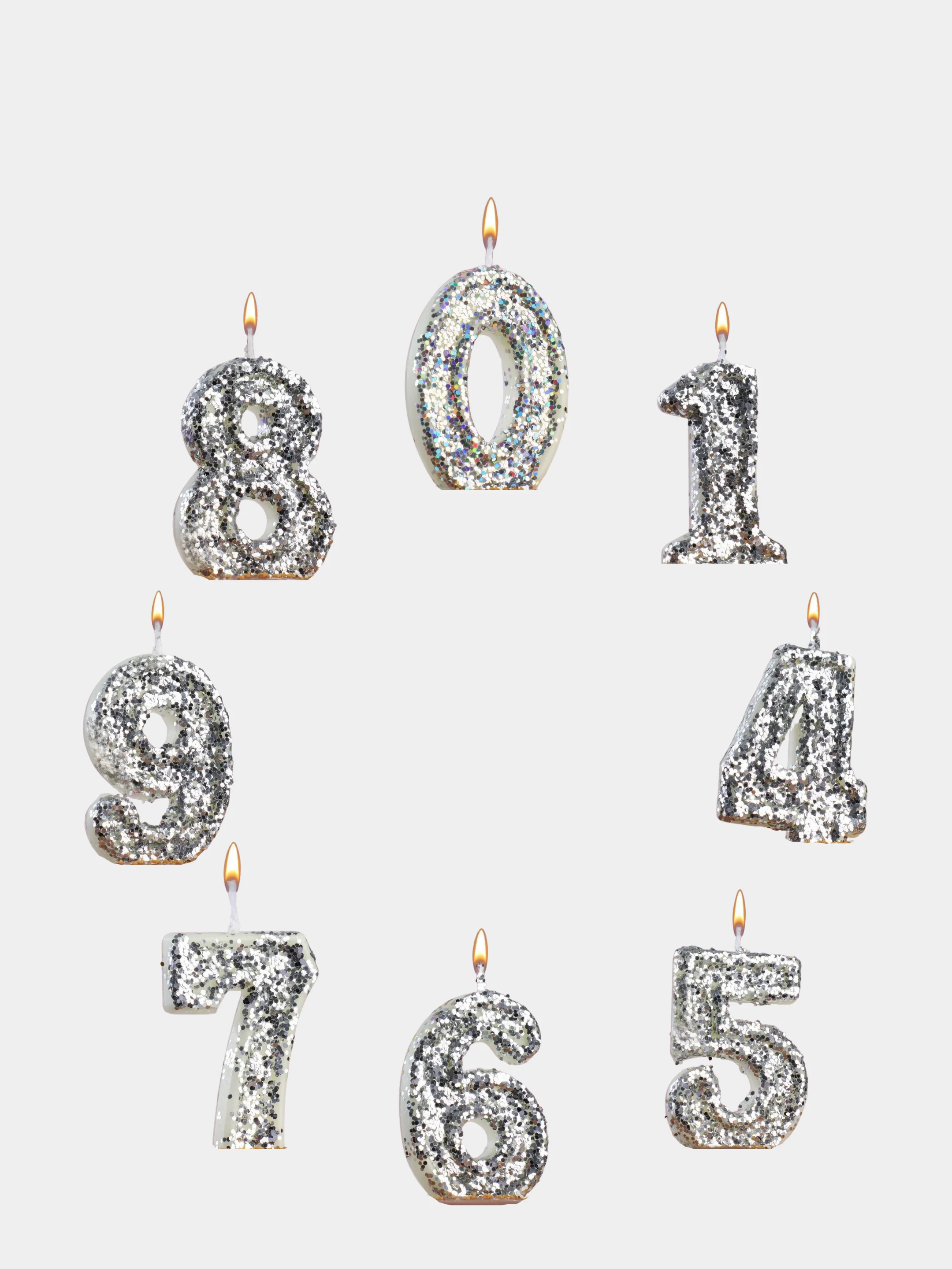 Серебряный свеча в торт "Блестки", 2 вида, цифра: 0, 1, 2, 3, 4, 5, 6, 7, 8, 9, х 6.5 см