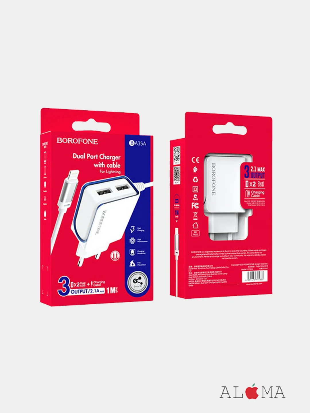Сетевое зарядное устройство Borofone BA35A, 2хUSB + кабель для Apple iPhone lightning 2.1A