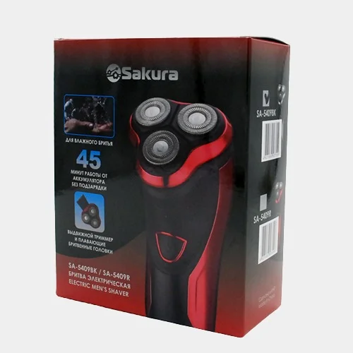 Красный бритва электрическая Sakura SA-5409R, 3 головки, триммер, влажое бритьё