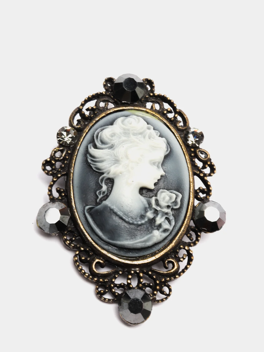 Серый брошь-кулон "Камея в стразах", 5 х 3,5 см