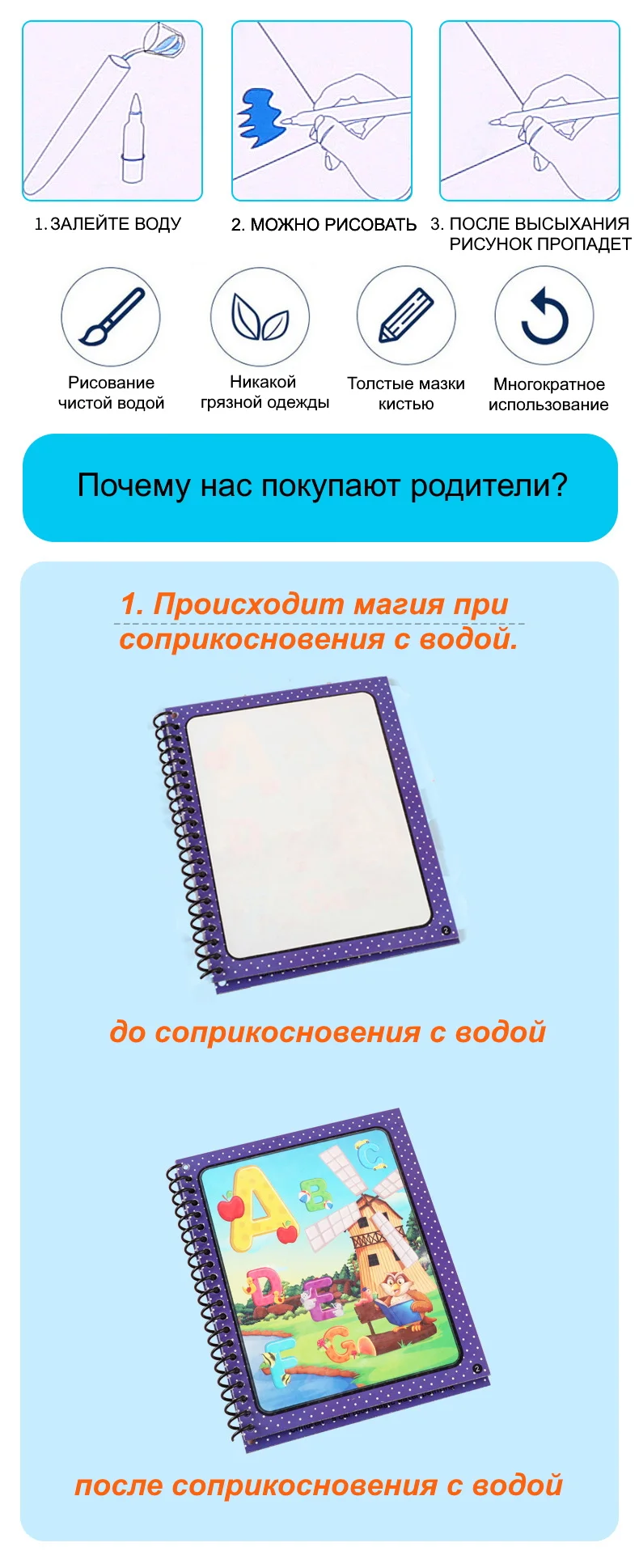 Алый водные многоразовые раскраски Magic Water Book
