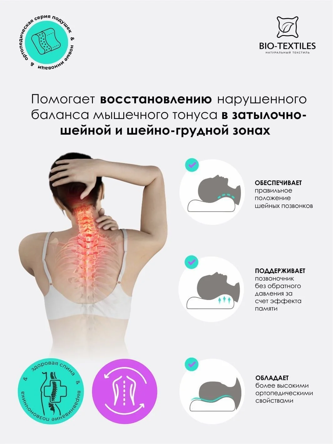 Ортопедическая подушка c эффектом памяти Орто-В, 52 х 30 см, высота валиков 5/10 см